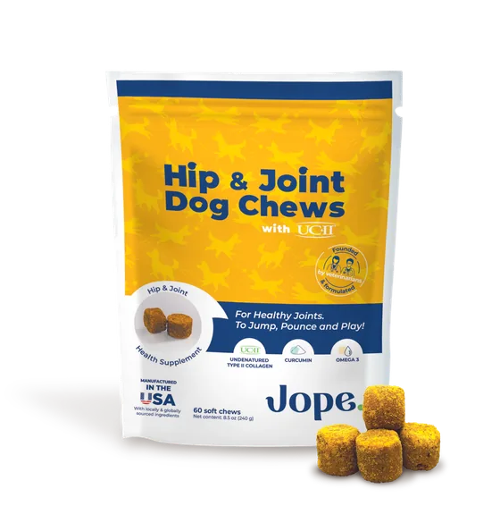 Jope Hip & Joint Dog Chews packaging with chews